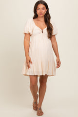 Cream U Notched Bubble Short Sleeve Maternity Dress