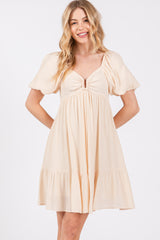 Cream U Notched Bubble Short Sleeve Dress