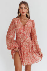 Pink Long Sleeve V Neck Chiffon Mid Dress