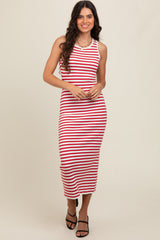 Red Sleeveless Round Neck Striped Rib Sweater Maternity Midi Dress