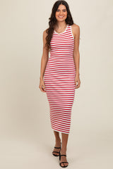 Red Sleeveless Round Neck Striped Rib Sweater Midi Dress