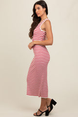 Red Sleeveless Round Neck Striped Rib Sweater Midi Dress