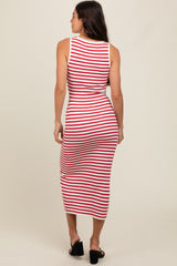 Red Sleeveless Round Neck Striped Rib Sweater Midi Dress