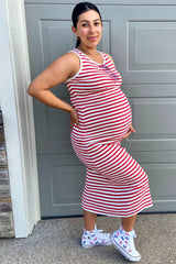 Red Sleeveless Round Neck Striped Rib Sweater Maternity Midi Dress