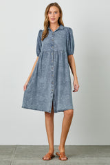 Blue Denim Button Front Short Puff Sleeve Dress