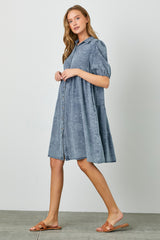 Blue Denim Button Front Short Puff Sleeve Dress