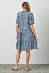 Blue Denim Button Front Short Puff Sleeve Dress