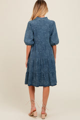 Blue Denim Button Front Short Puff Sleeve Maternity Dress