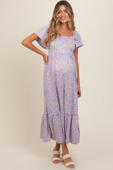 Lavender Floral Short Sleeve Maternity Maxi Dress