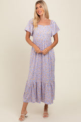 Lavender Floral Short Sleeve Maternity Maxi Dress