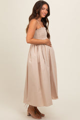 Beige Smocked Pocketed Maternity Midi Dress