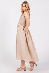 Beige Smocked Pocketed Midi Dress