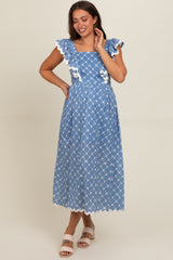 Blue Printed Ruffle Trim Maternity Maxi Dress