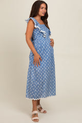 Blue Printed Ruffle Trim Maternity Maxi Dress