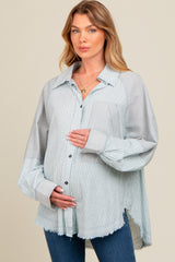 Blue Striped Button Down Oversized Long Sleeve Maternity Top