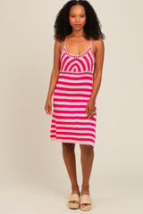 Pink Crochet Striped Sleeveless Maternity Dress