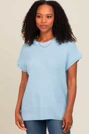 Light Blue Dolman Short Sleeve Side Slit Sweater Top