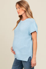 Light Blue Dolman Short Sleeve Side Slit Maternity Sweater Top