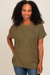 Light Olive Dolman Short Sleeve Side Slit Sweater Top