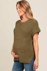 Light Olive Dolman Short Sleeve Side Slit Maternity Sweater Top