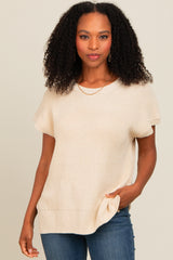 Beige Dolman Short Sleeve Side Slit Sweater Top