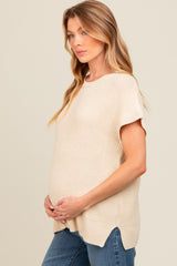 Beige Dolman Short Sleeve Side Slit Maternity Sweater Top