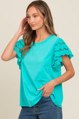 Turquoise Eyelet Lace Short Sleeve Top