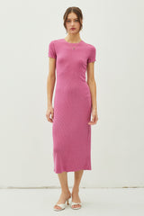 Magenta Rib Knit Back Slit Maternity Dress