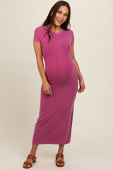 Magenta Rib Knit Back Slit Maternity Dress