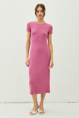 Magenta Rib Knit Back Slit Maternity Dress