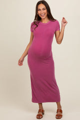 Magenta Rib Knit Back Slit Maternity Dress