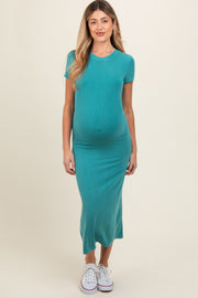 Turquoise Rib Knit Back Slit Maternity Dress