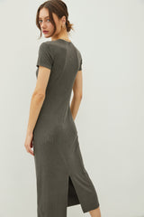 Charcoal Rib Knit Back Slit Dress