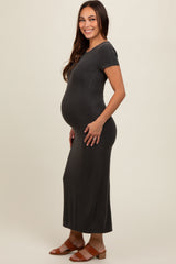 Charcoal Rib Knit Back Slit Maternity Dress