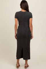 Charcoal Rib Knit Back Slit Maternity Dress