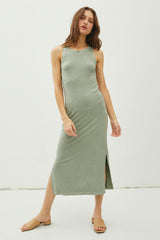 Light Olive Ribbed Knit Side Slit Sleeveless Dress