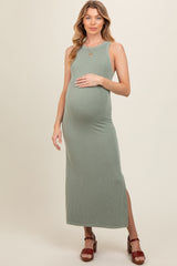 Light Olive Ribbed Knit Side Slit Sleeveless Maternity Dress