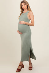 Light Olive Ribbed Knit Side Slit Sleeveless Maternity Dress