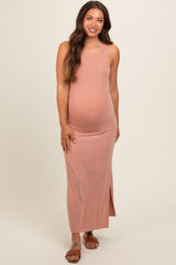 Rust Ribbed Knit Side Slit Sleeveless Maternity Dress