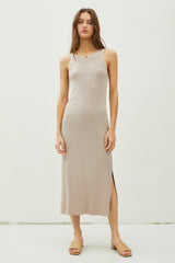 Taupe Ribbed Knit Side Slit Sleeveless Maternity Dress