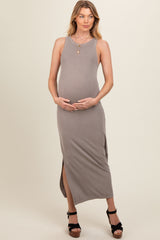 Taupe Ribbed Knit Side Slit Sleeveless Maternity Dress