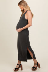 Charcoal Ribbed Knit Side Slit Sleeveless Maternity Dress