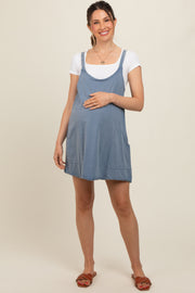 Blue Comfy Knit Maternity Mini Dress with Shorts