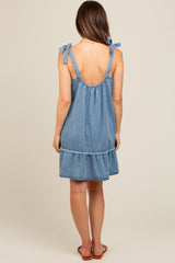 Blue Ruffle Hem Shoulder Tie Maternity Dress