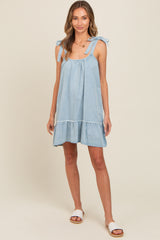 Light Blue Ruffle Hem Shoulder Tie Maternity Dress