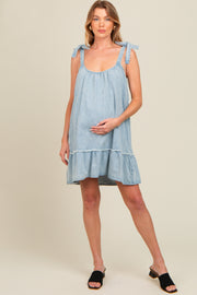 Light Blue Ruffle Hem Shoulder Tie Maternity Dress