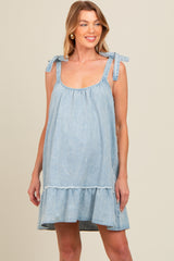 Light Blue Ruffle Hem Shoulder Tie Maternity Dress