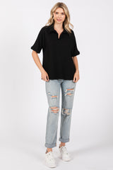 Black Ribbed Collared Top