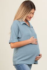 Blue Ribbed Collared Maternity Top