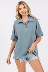 Blue Ribbed Collared Maternity Top